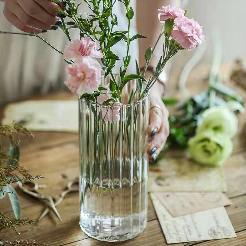 Transparent striped glass vase, Nordic light luxury style decorative item, home plant hydroponic cup, creative living room vase arrangement Specification drawing