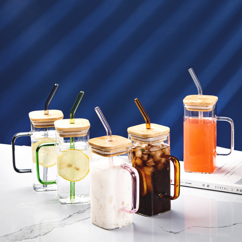 Square glass drinking cups, children's straw cups with handles, cold and hot drinks, coffee, milk tea, fruit tea, milk breakfast cups details Picture