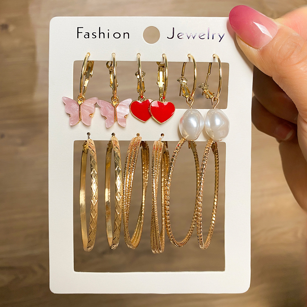 New cross-border personalized ear ring set, six-piece set of pearl heart butterfly pendant earrings, ins full figure