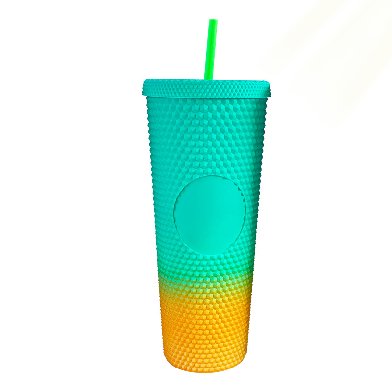 New creative plastic gradient double-layer straw cup, available in multiple colors, 710ml colored plastic cup manufacturer wholesale Item Picture