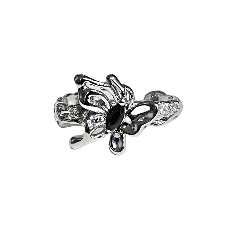 A black zircon texture pleated butterfly opening ring with a cold and individualistic style, a fashionable, cool and versatile ring for women Item Picture