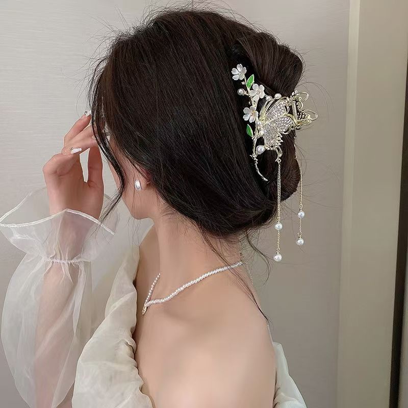 Butterfly flower tassel hairpin for women, high-end style, large back head claw clip, high appearance level, step tassel shark clip Specification drawing