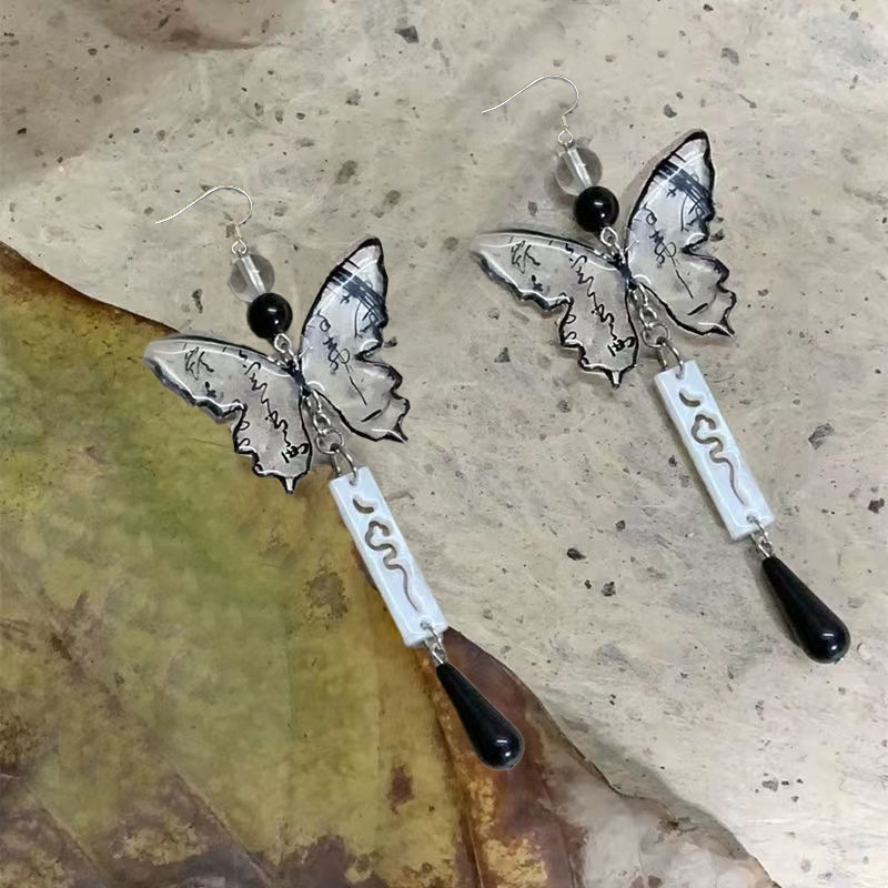 New Chinese-style ink-wash painting butterfly earrings, women's national trend ancient style long tassel water drop pendant earrings, gentle style earrings Application Scenario