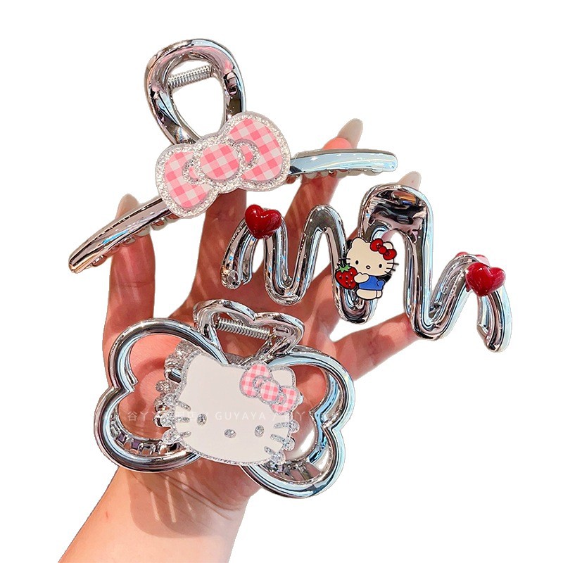 Sweet and girlish silver tk cat hairpin, cute glitter shark clip, HelloKitty cartoon scratch-off new style Item Picture