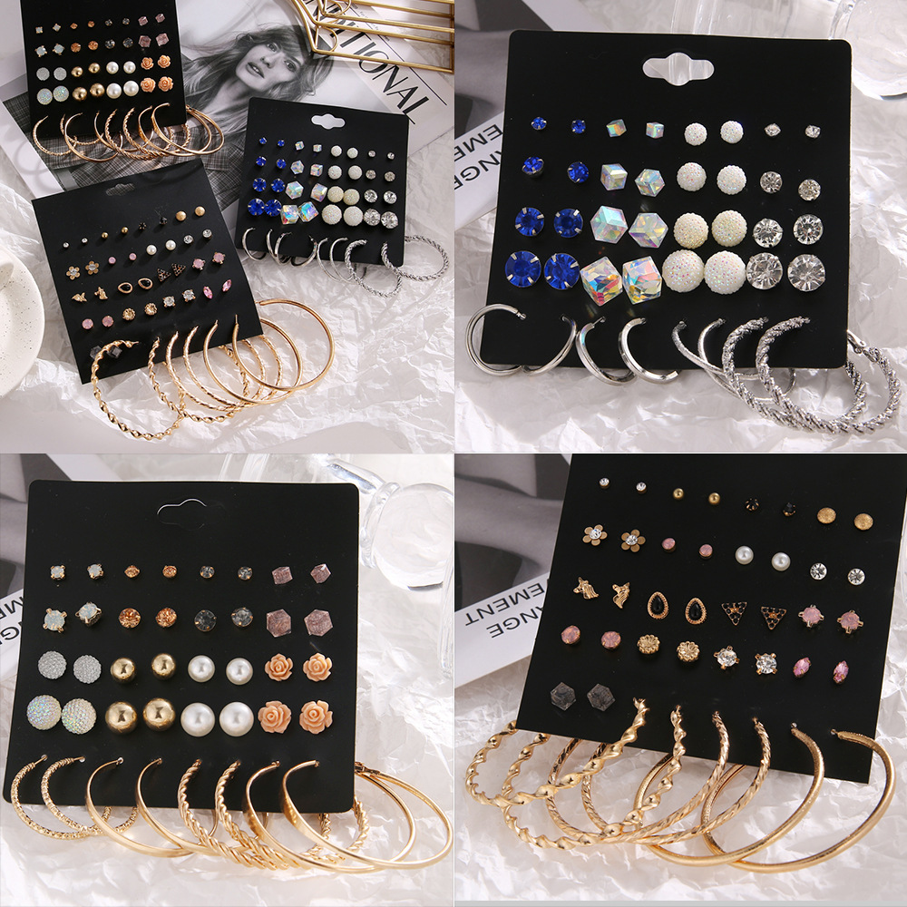 European and American cross-border card-mounted metal earrings with a high-end and elegant style. Round-sized pearl inlaid square diamond earrings full figure