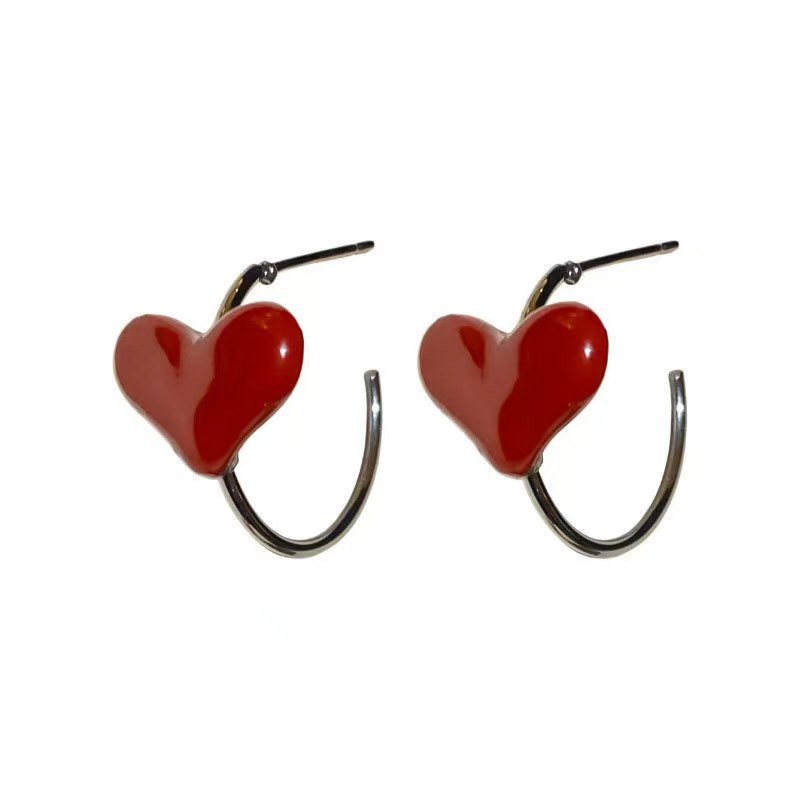 Ankela red oil-dripping heart-shaped stud earrings, Korean sweet and cool style individual earrings, high-end and fashionable women's versatile earrings Item Picture