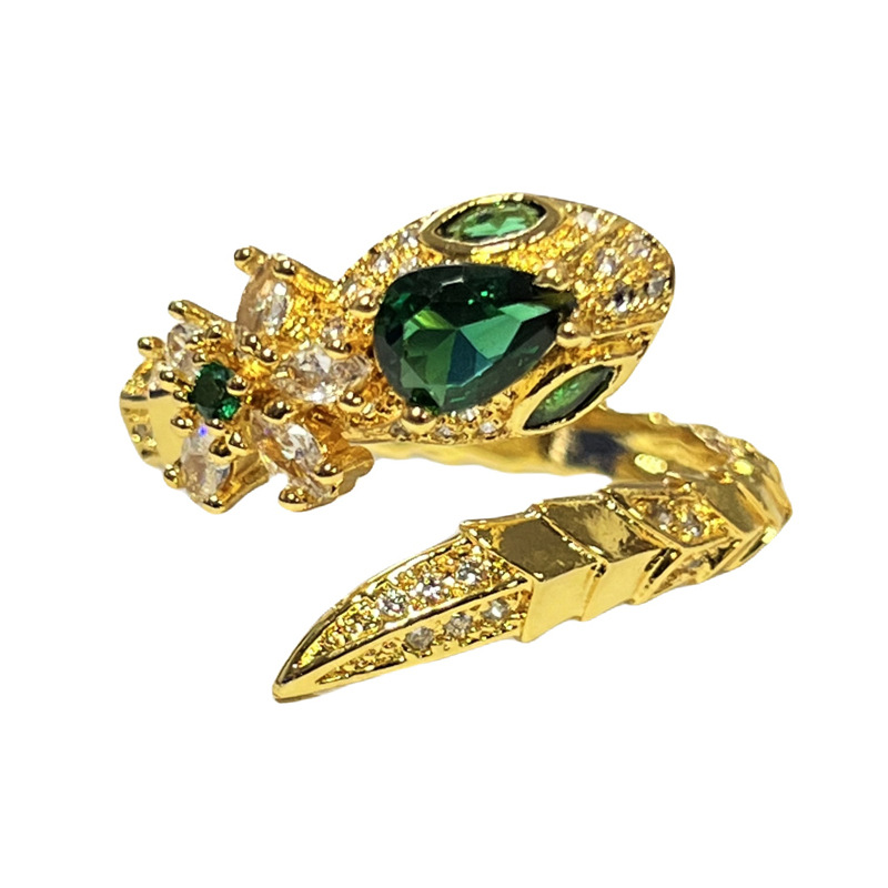 A green diamond snake-shaped brushed opening ring in the style of Chinese fashion for women, a delicate and versatile index finger ring wrapped around the zodiac year's spirit snake Item Picture