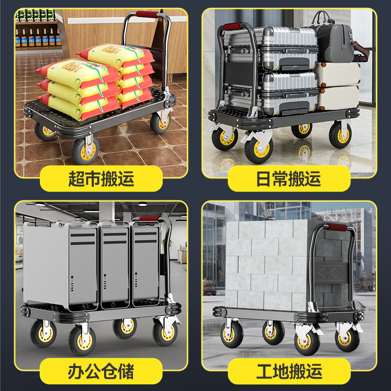 Trolleys, small trolleys, flatbed trolleys, silent and foldable large trolleys, handling trolleys, steering wheels, thickened iron plate trailers Application Scenario