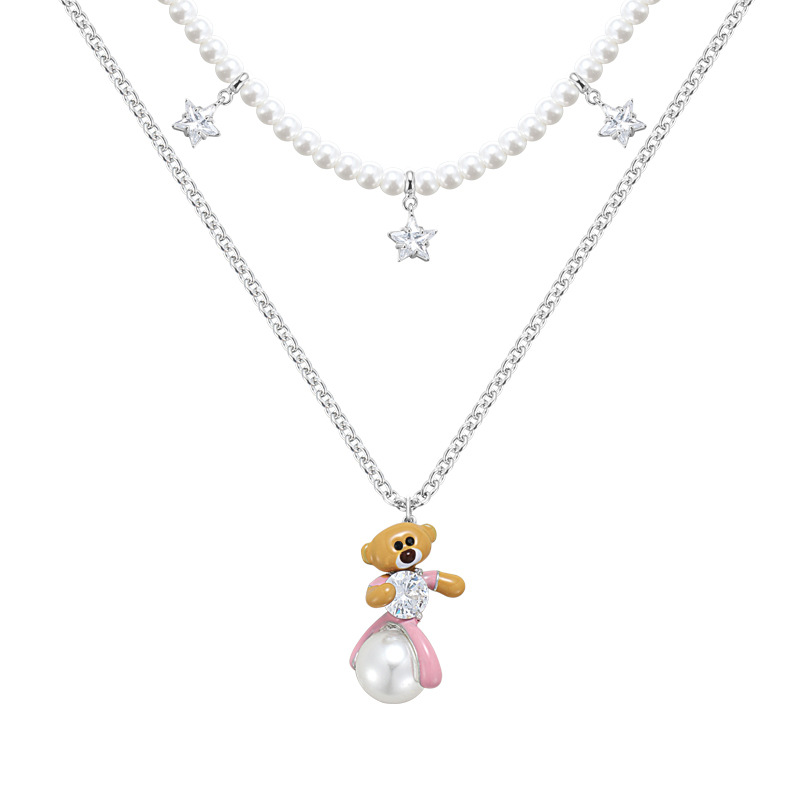 Original design, cute and high-end bear necklace, unique and sweet cool style for women, double-layer overlapping collarbone chain necklace Item Picture