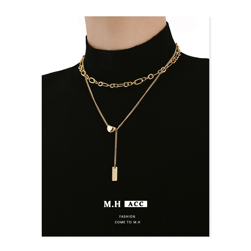 ins Hip-hop necklace, double-layered necklace, niche design sense, Fangpai pendant for women, new summer 2024 European and American accessories Specification drawing