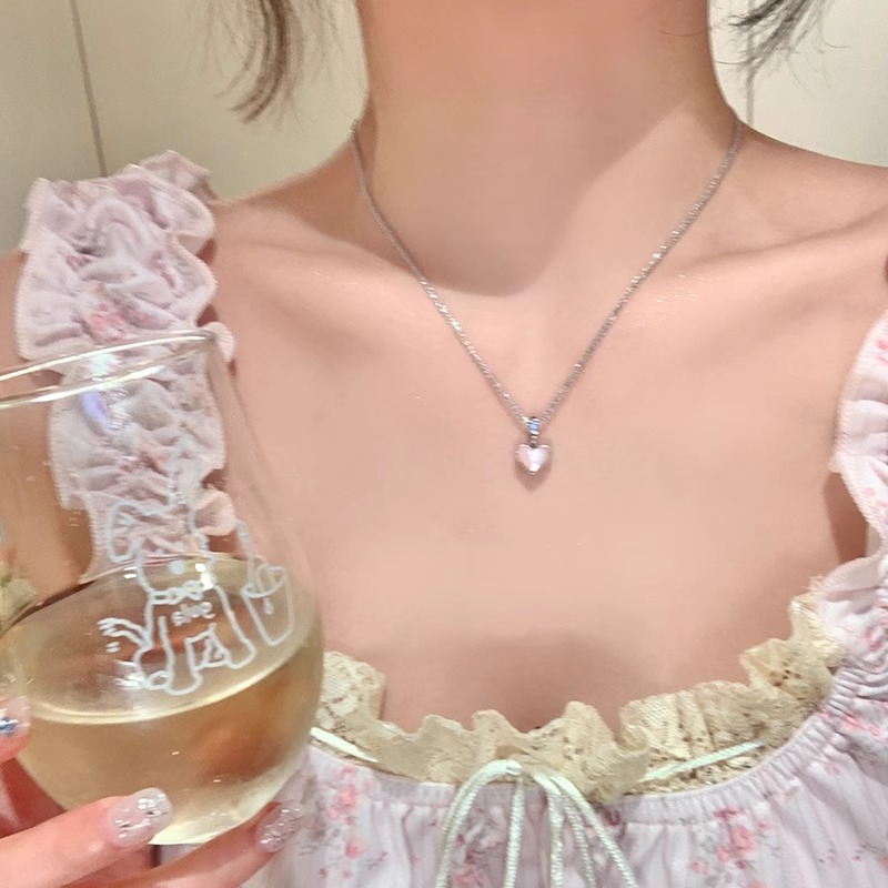 Pink-toned heart-shaped mother-of-pearl oil double-sided necklace for women, light luxury and niche style choker collarbone chain pendant Specification drawing