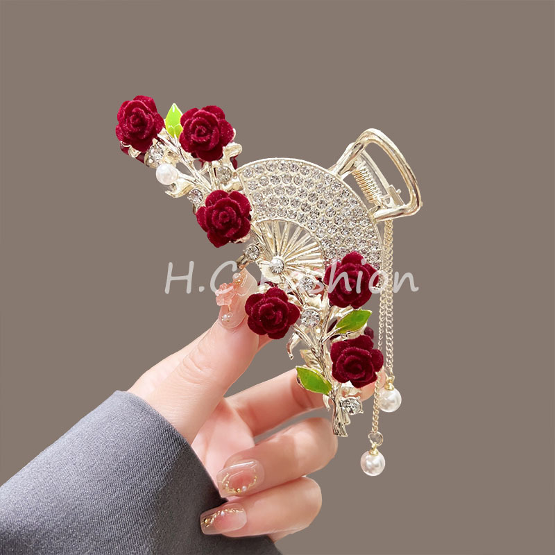Rose tassel clip women's 2024 new high-end ancient-style hair clip at the back of the head shark clip headwear details Picture