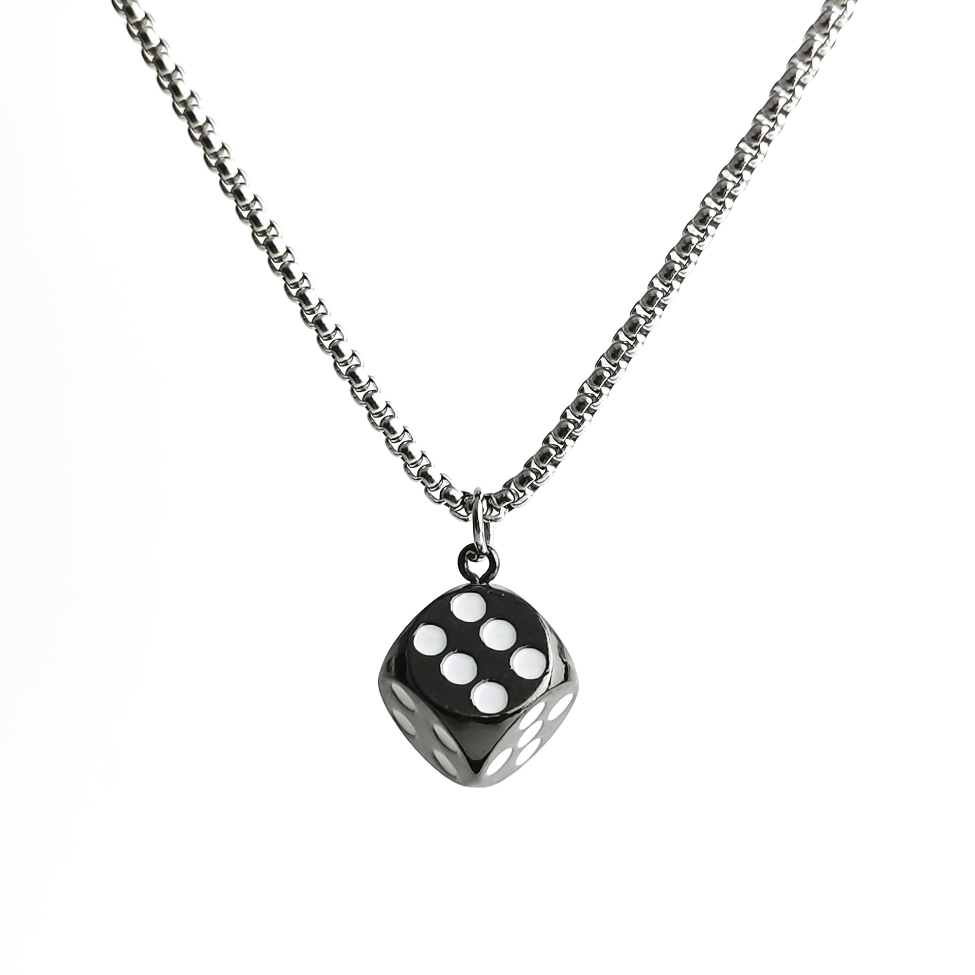 Korean InS-style dice pendant necklace for female hip-hop couple, long sweater chain, non-fading titanium steel necklace accessory Item Picture