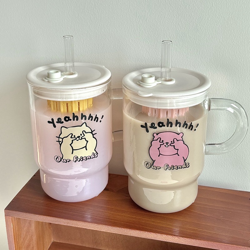High-appearance-level, large-capacity InS-style glass straw cups with handles, student drinking cups, glass cups wholesale full figure