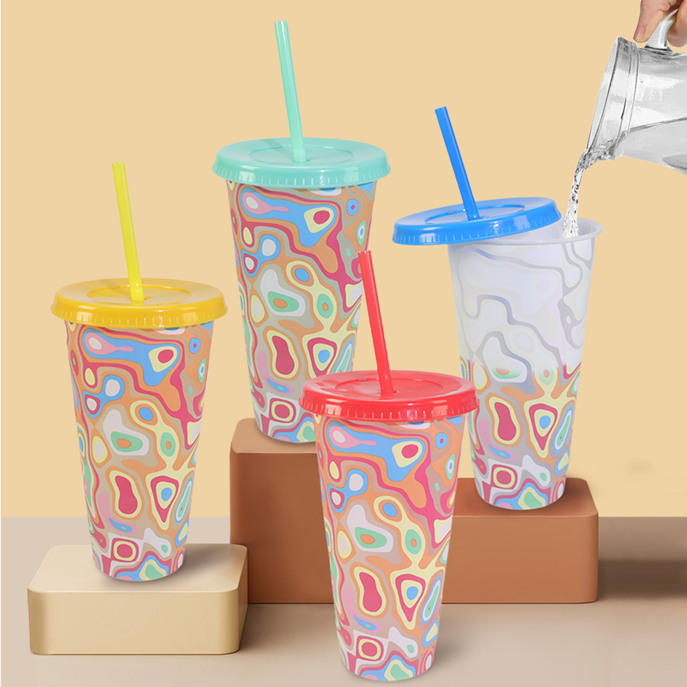 Cross-border in-stock psychedelic cup 24oz large capacity pp color-changing cup when cooled, creative high appearance level straw plastic water cup Specification drawing