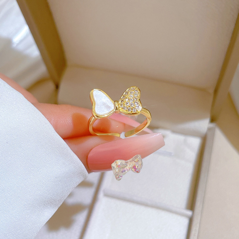 【 Real Gold 】 Shell butterfly Full diamond ring with adjustable opening, simple Japanese-style bracelet, couple rings details Picture