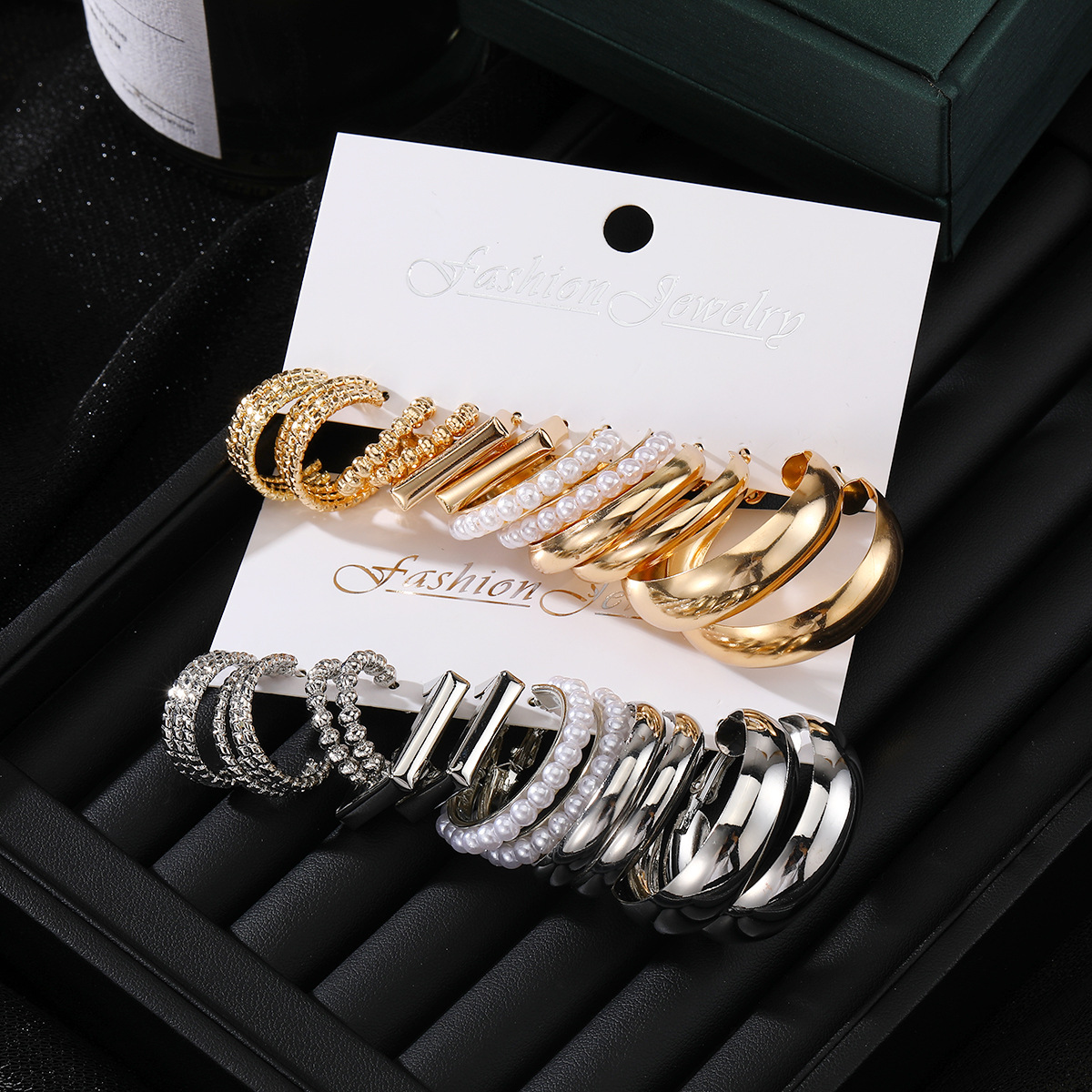 European and American cross-border geometric multi-layer C-shaped pearl earrings, ear rings, ear studs, 6 pairs of clip earrings set for women Specification drawing