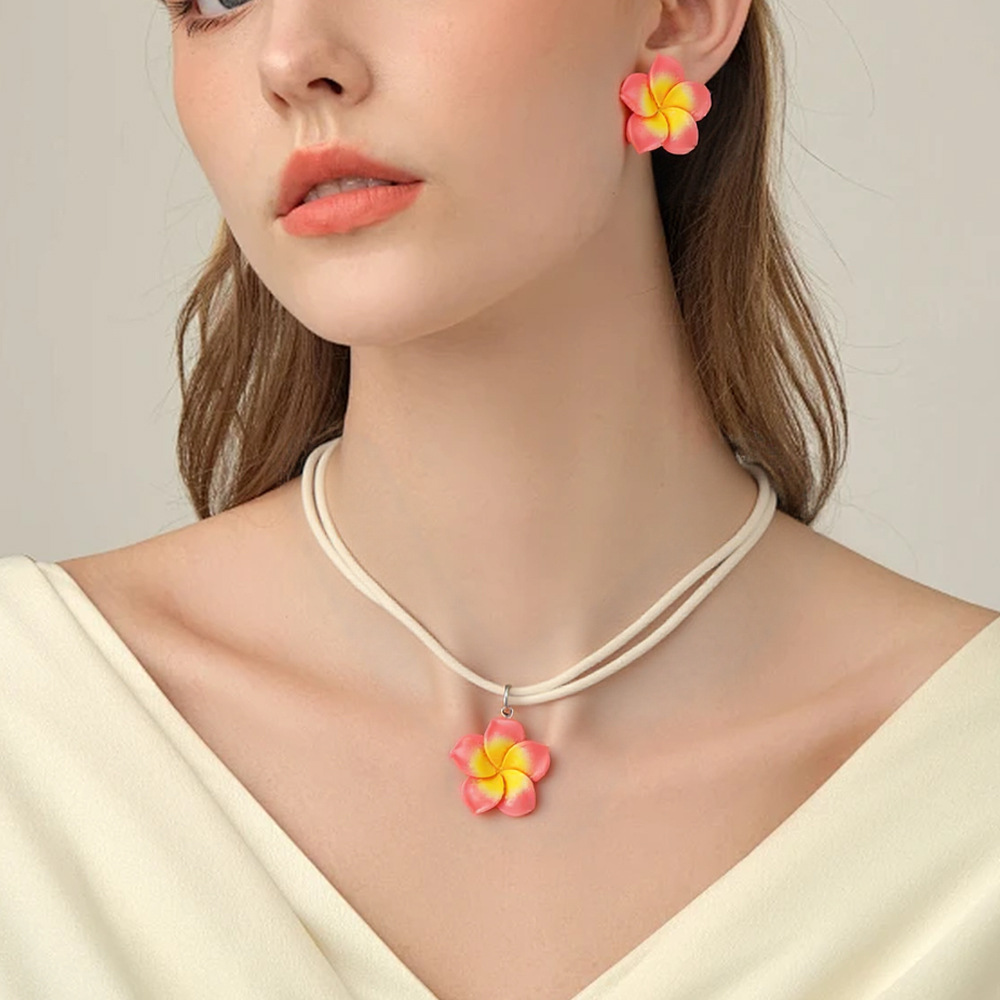 European and American cross-border jewelry dopamine egg flower velvet stud necklace set, sweet design sense, new collarbone chain Specification drawing