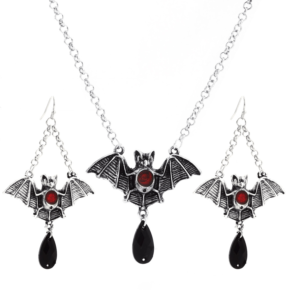Halloween Bat jewelry set, Gothic retro exaggerated black bat necklace and earrings set, holiday gift Item Picture
