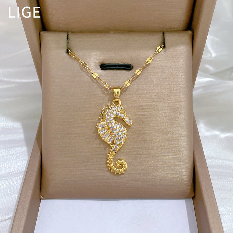 【 Titanium Steel 】 Little Seahorse animal, light luxury, elegant, full diamond necklace, versatile for women, collarbone chain, titanium steel chain full figure