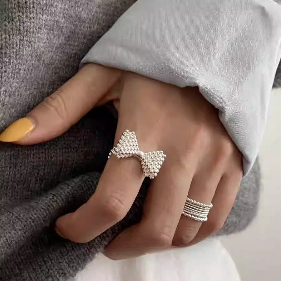 Korean bubble three-dimensional bow ring for women, S925 silver, light luxury, niche and high-end, fashionable open index finger ring Specification drawing