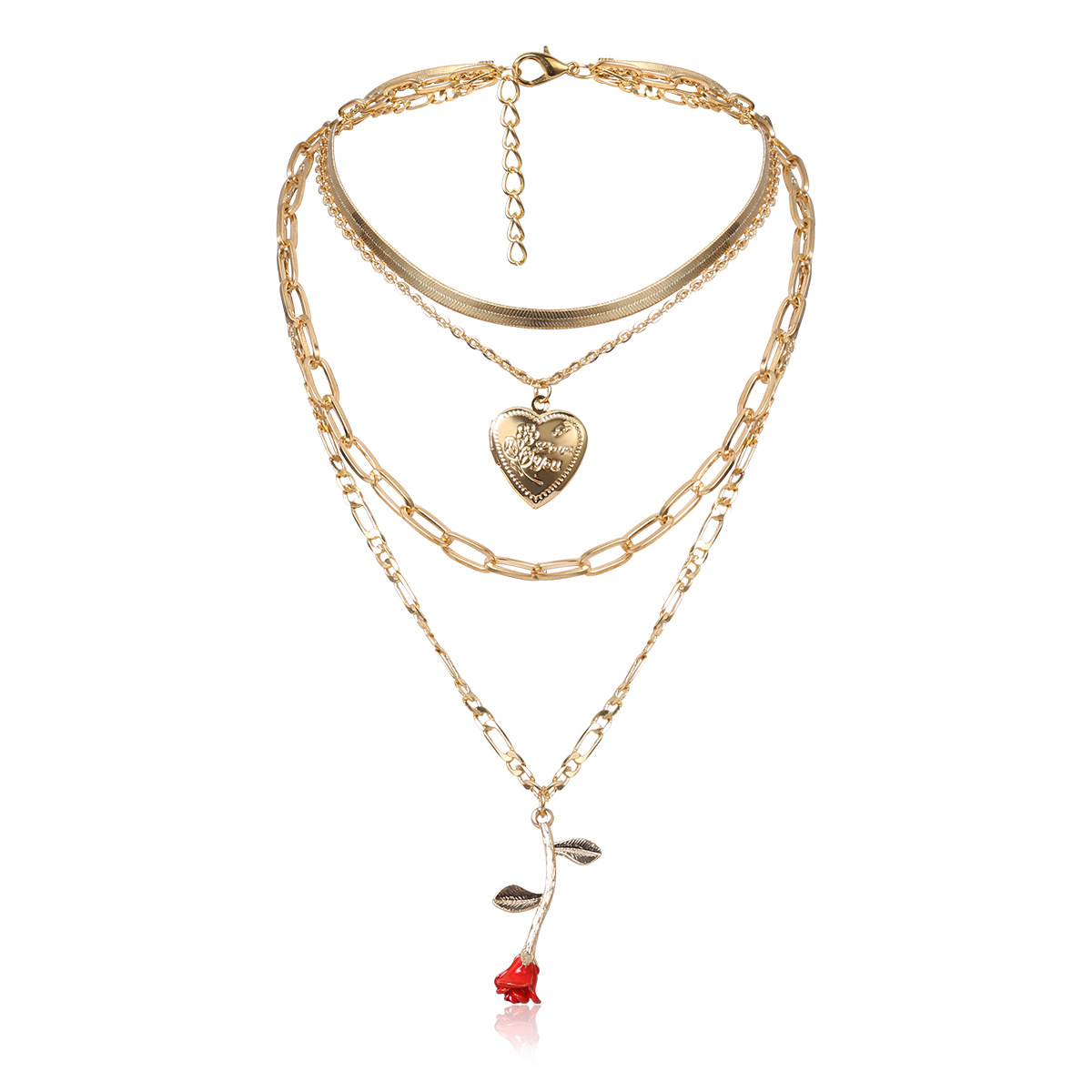 European and American cross-border jewelry geometric serpentine chain square thick chain necklace mixed and matched open heart rose pendant necklace Item Picture