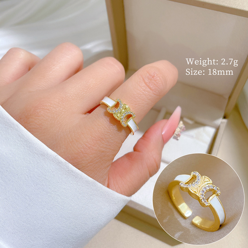 【 Real Gold 】 Oil-dripping double C Full diamond ring with adjustable opening, simple Japanese-style bracelet, couple rings full figure
