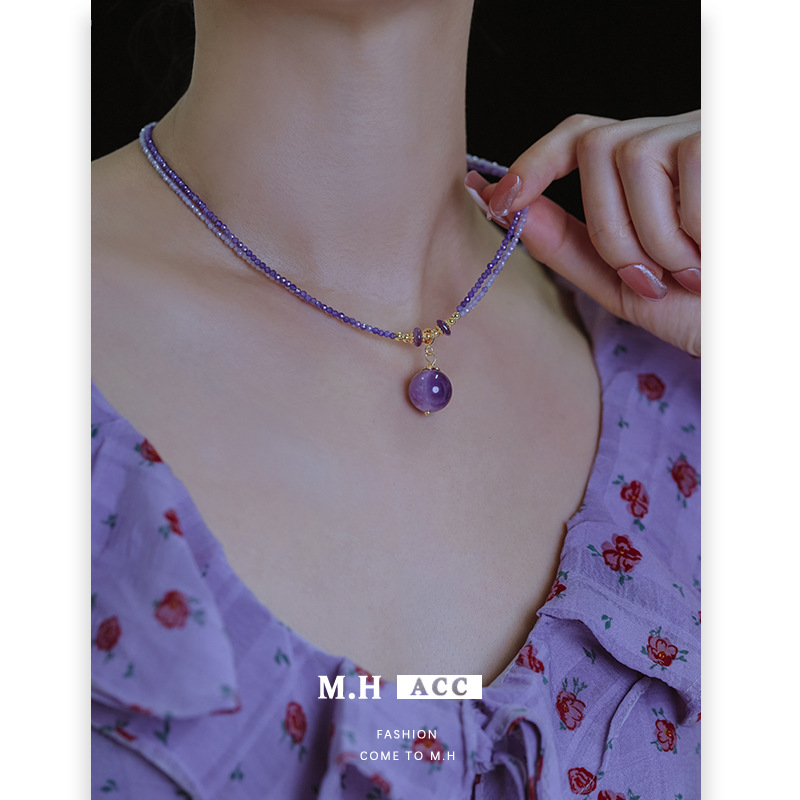 Spring and Summer new double-layered zircon amethyst necklace for women, a retro, romantic, elegant and high-end collarbone necklace Specification drawing