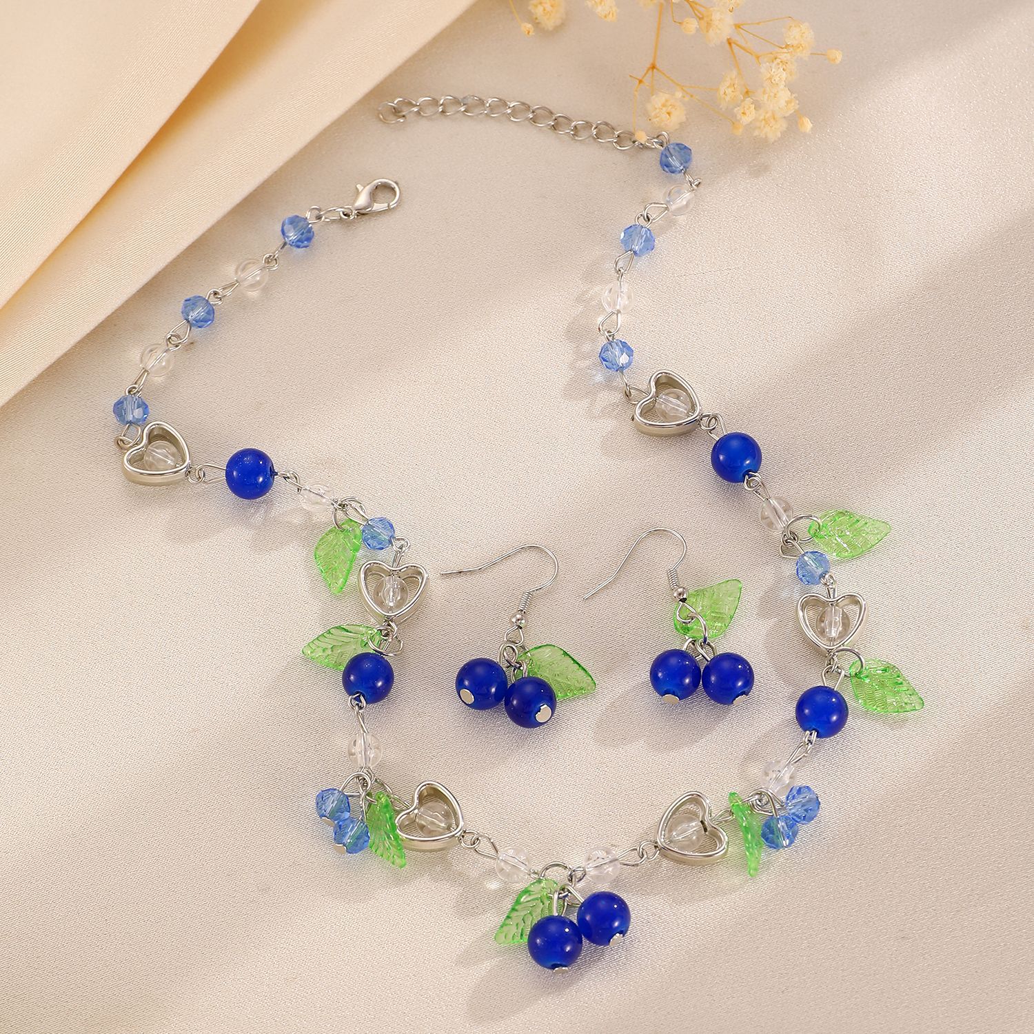 European and American cross-border accessories, ins blue cherry necklace earrings set, summer jewelry and accessories for women, Blueberries Application Scenario