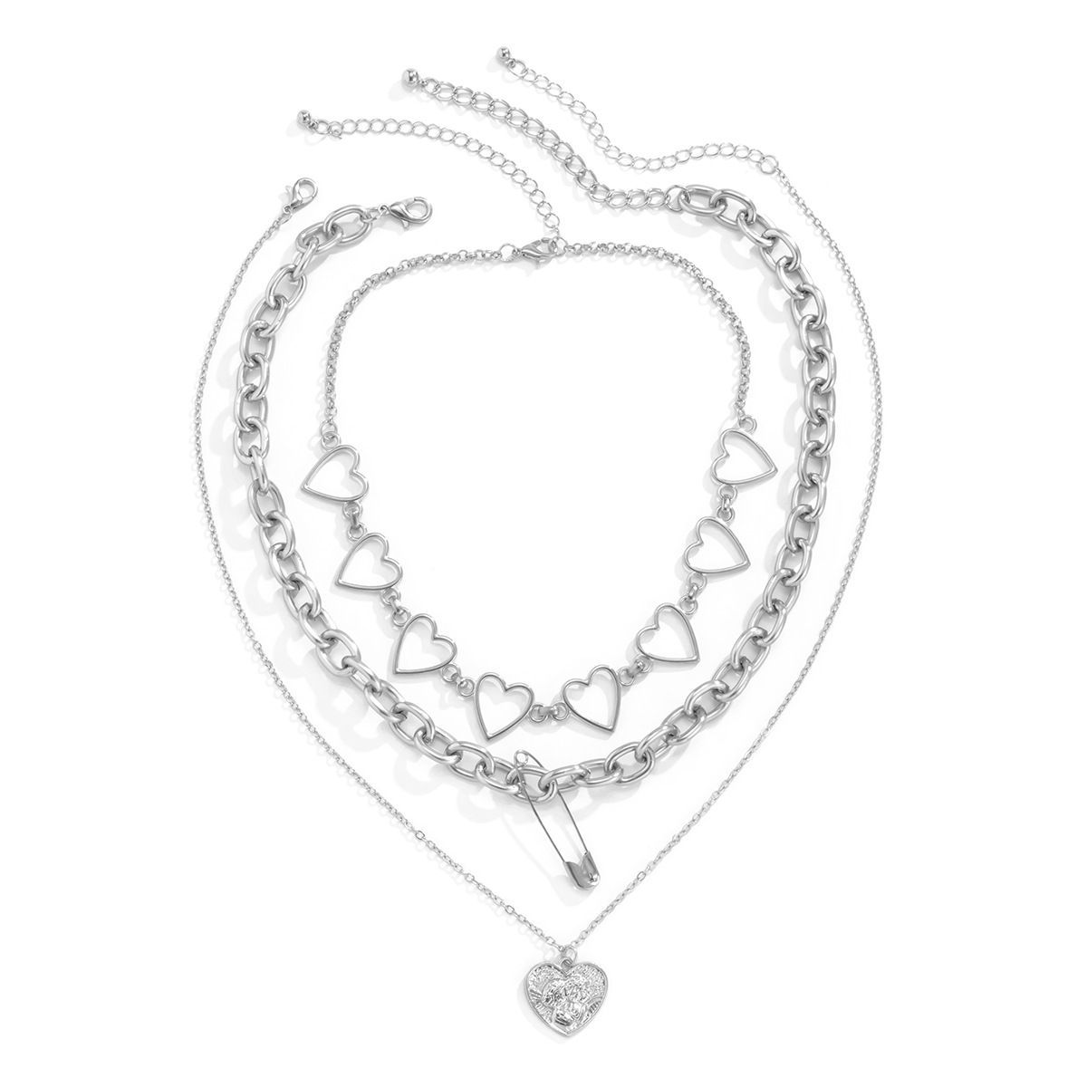 European and American cross-border jewelry hip-hop geometric style sweet love multi-layer necklace, personalized pin mixed and matched embossed necklace Item Picture