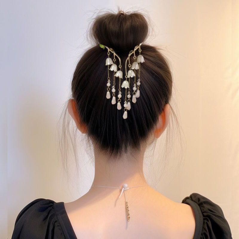 Ancient wind chime orchid tassel hair clip, bun head fixed grab, women's high-end style hair buckle, elegant semi-tied bun hair grab details Picture
