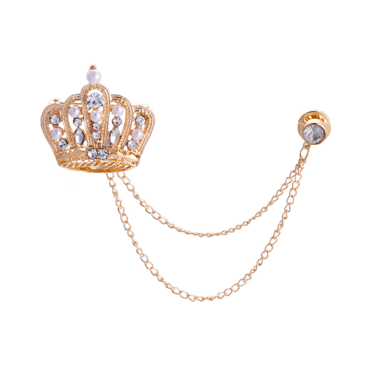 Wholesale of European and American retro crown tassel chain fashion brooches, formal wear, light luxury and high-end rhinestone accessories and brooches Item Picture