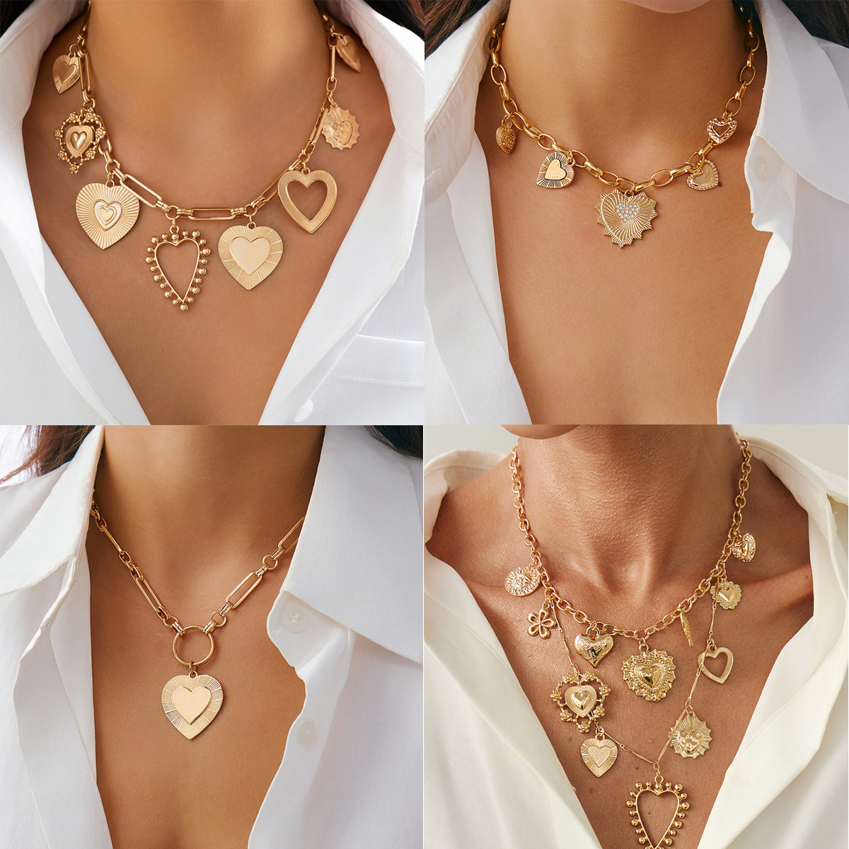 European and American cross-border jewelry, cold style heart pendant, collarbone chain, personalized metallic striped iron chain necklace set full figure