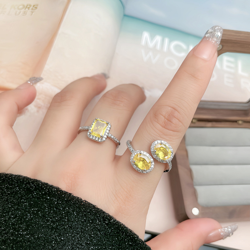 Exquisite retro double zircon yellow diamond, unique and fashionable open ring, women's Instagram, cold style, light luxury index finger ring full figure