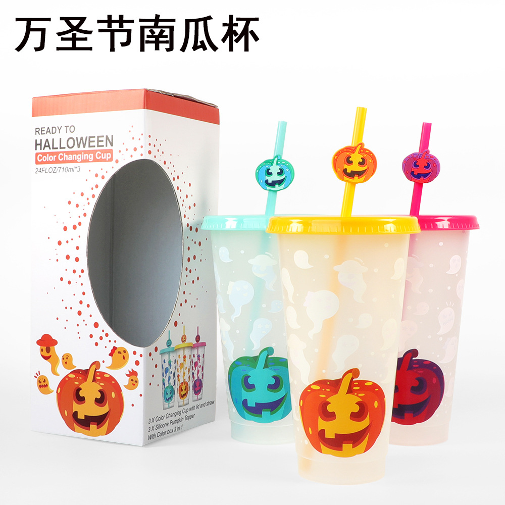 Cross-border in-stock Halloween three-piece set: Funny Devil Pumpkin color-changing cup, creative plastic straw Water cup full figure