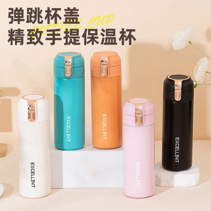 New stainless steel insulated cup with a spring lid, pea design, simple student water cup, handle, portable car, creative gift cup full figure