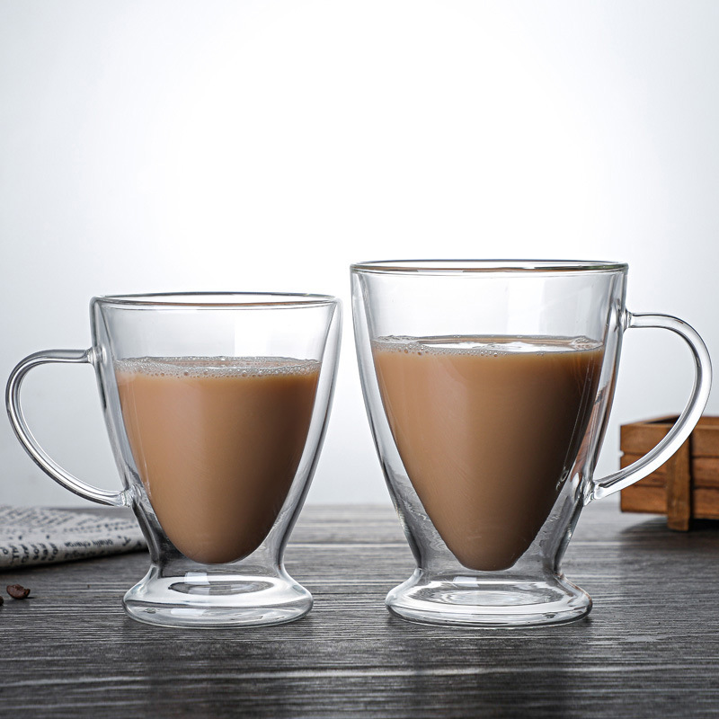 Customized double-layer glass cups, heat-insulating transparent tea cups, creative water cups, coffee cups, beverage cups, double-layer water cups with handles details Picture