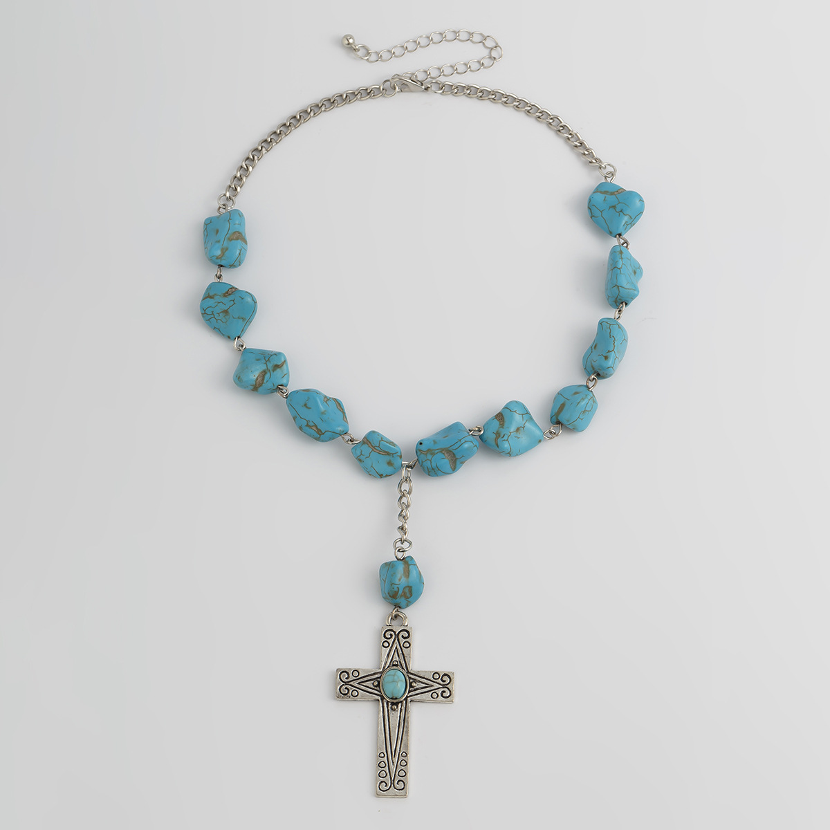 European and American cross-border jewelry, cross turquoise alloy, ins style, high-end and simple necklace, summer new jewelry wholesale Specification drawing
