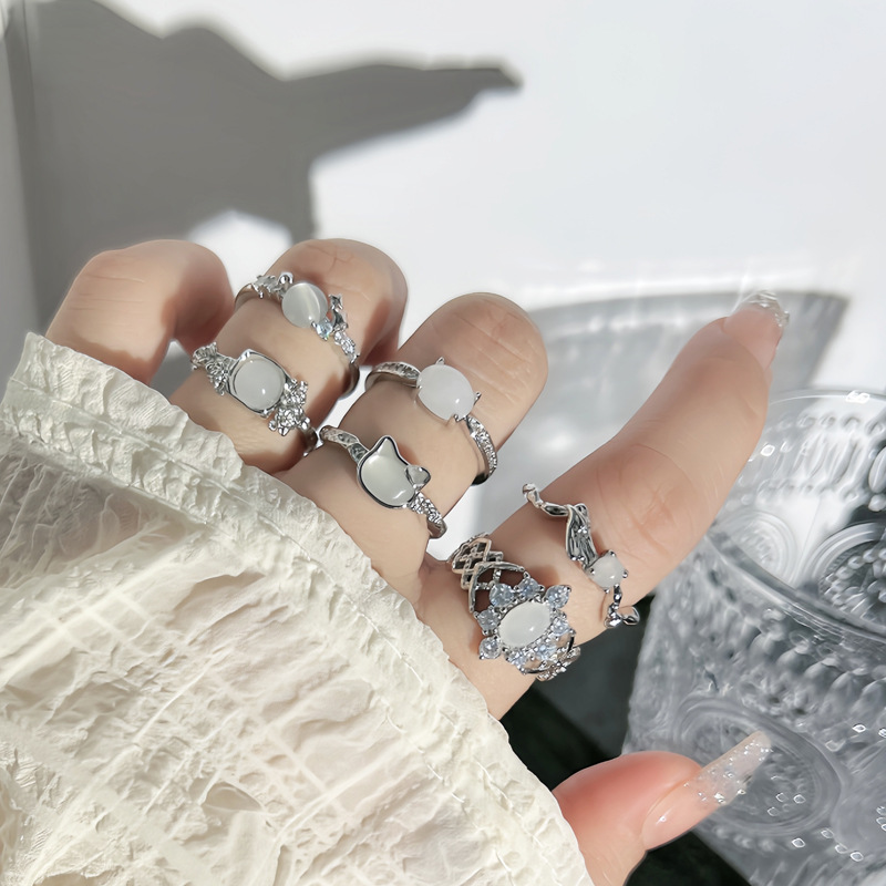 Simple and plain cat's eye stone, versatile and fashionable open ring, women's niche design, high-end, exquisite and individual index finger ring full figure