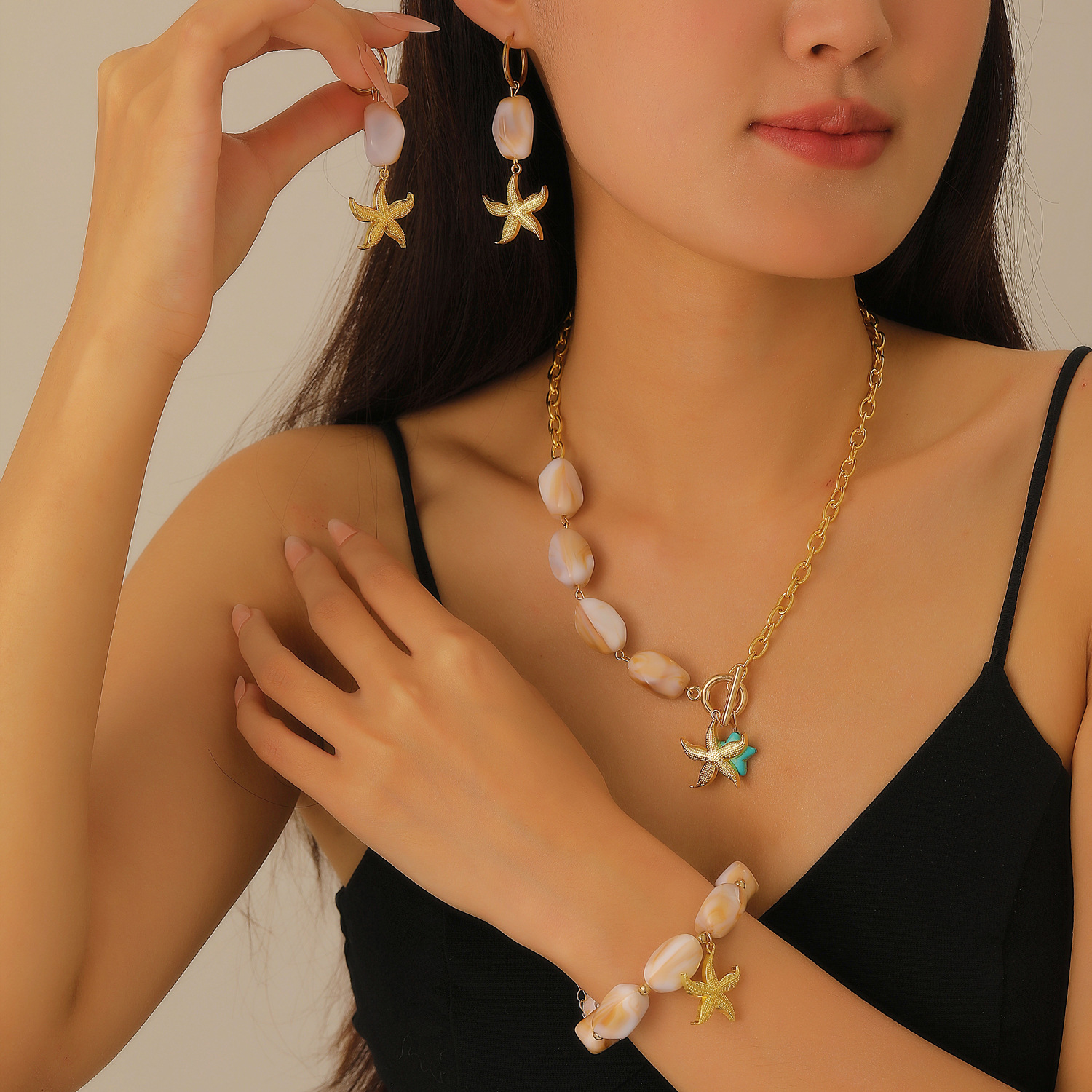 European and American cross-border jewelry, beach starfish collarbone chain, ocean-style earrings, bracelet, necklace set, jewelry for women details Picture