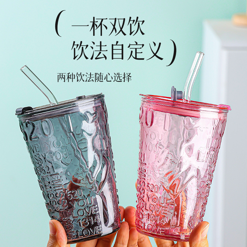 Embossed letter cup, household water cup, high appearance level, popular heart-shaped glass cup, opening event promotion gift cup details Picture