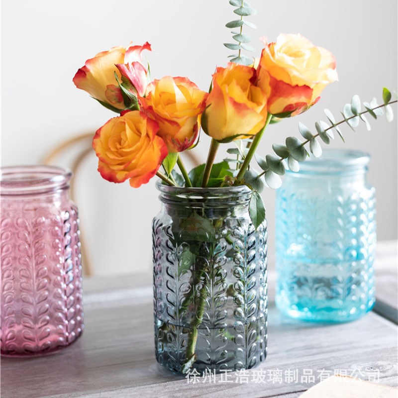 Nordic light luxury ins retro engraved table ornaments, glass vases, flower vases, American open-mouthed dry vases Specification drawing