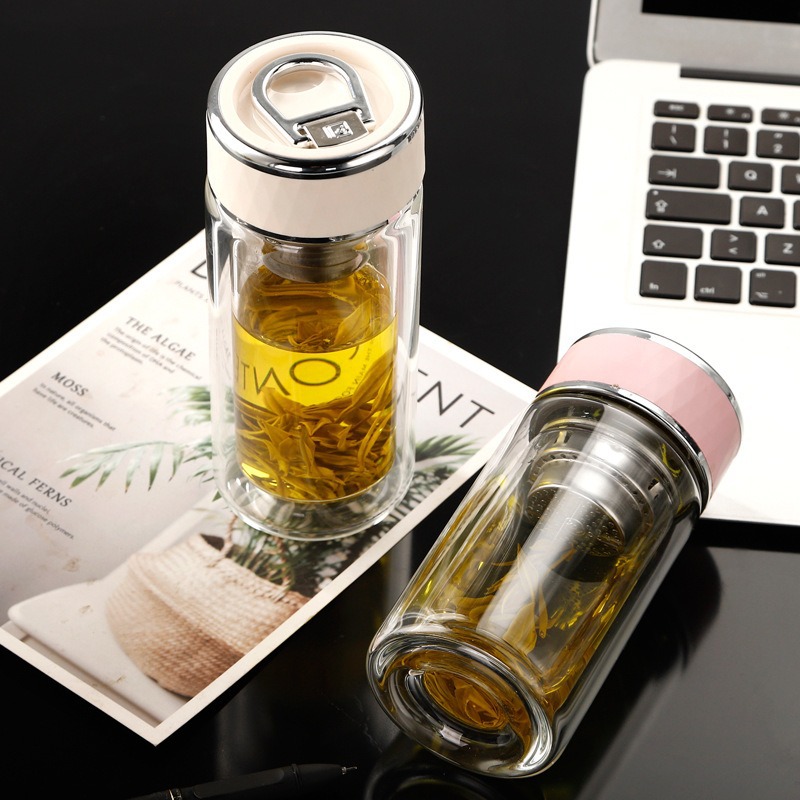 Wholesale of double-layer high borosilicate glass water separation cups, high-temperature resistant heat extraction rings, portable heat-insulating tea brewing cups details Picture