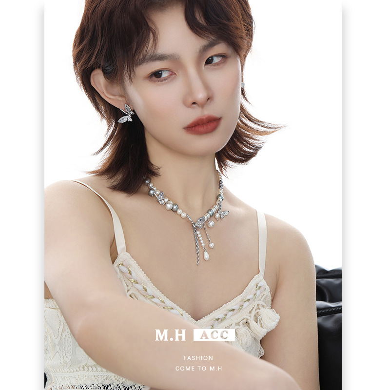 Original butterfly pearl necklace for women, with a light luxury and high-end feel. Colorful zircon collarbone chain, sweet and elegant, fashionable necklace Specification drawing