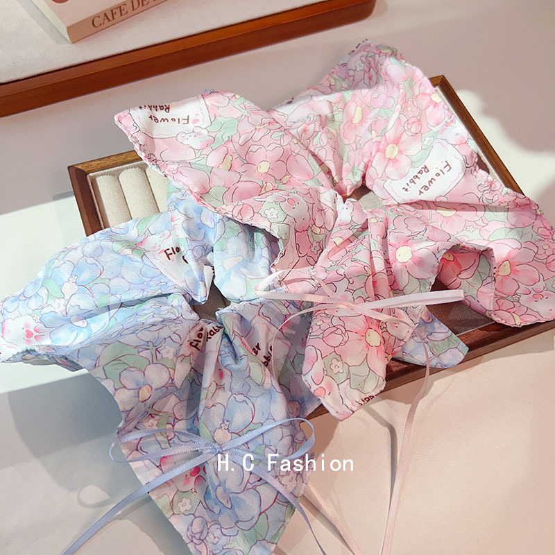 Korean-style bow flower square scarf large intestine hair band, fresh and sweet, ponytail hair tie, niche leather band hair accessory for women full figure