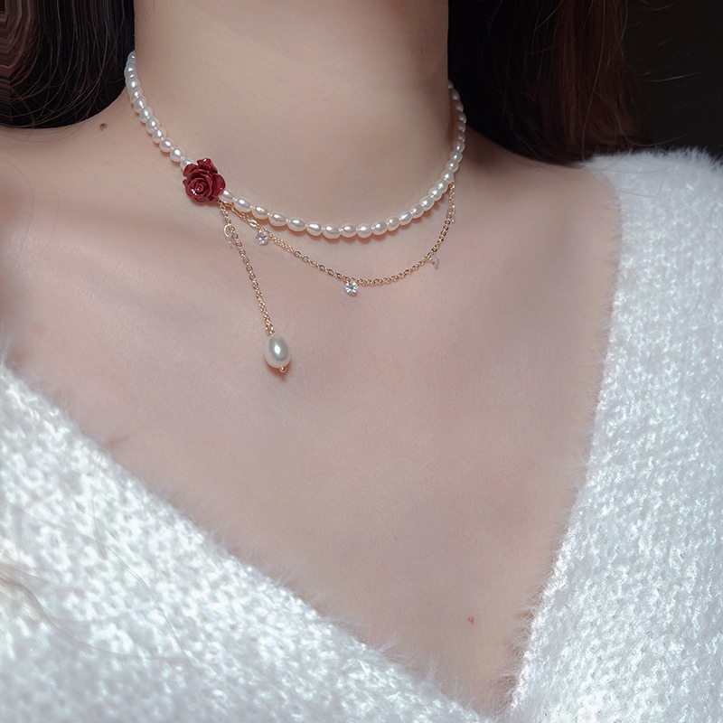 Rose flower zircon pearl necklace, Korean niche design sense, ins style neck chain, collarbone chain, elegant necklace for women Specification drawing