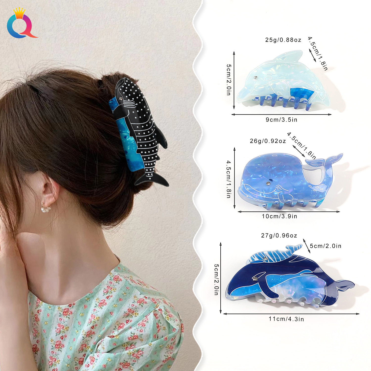 Qiyue Cross-border Hair Clip, creative blue whale, personalized ponytail clip, acetic acid imitation hair clip, high-end shark clip details Picture