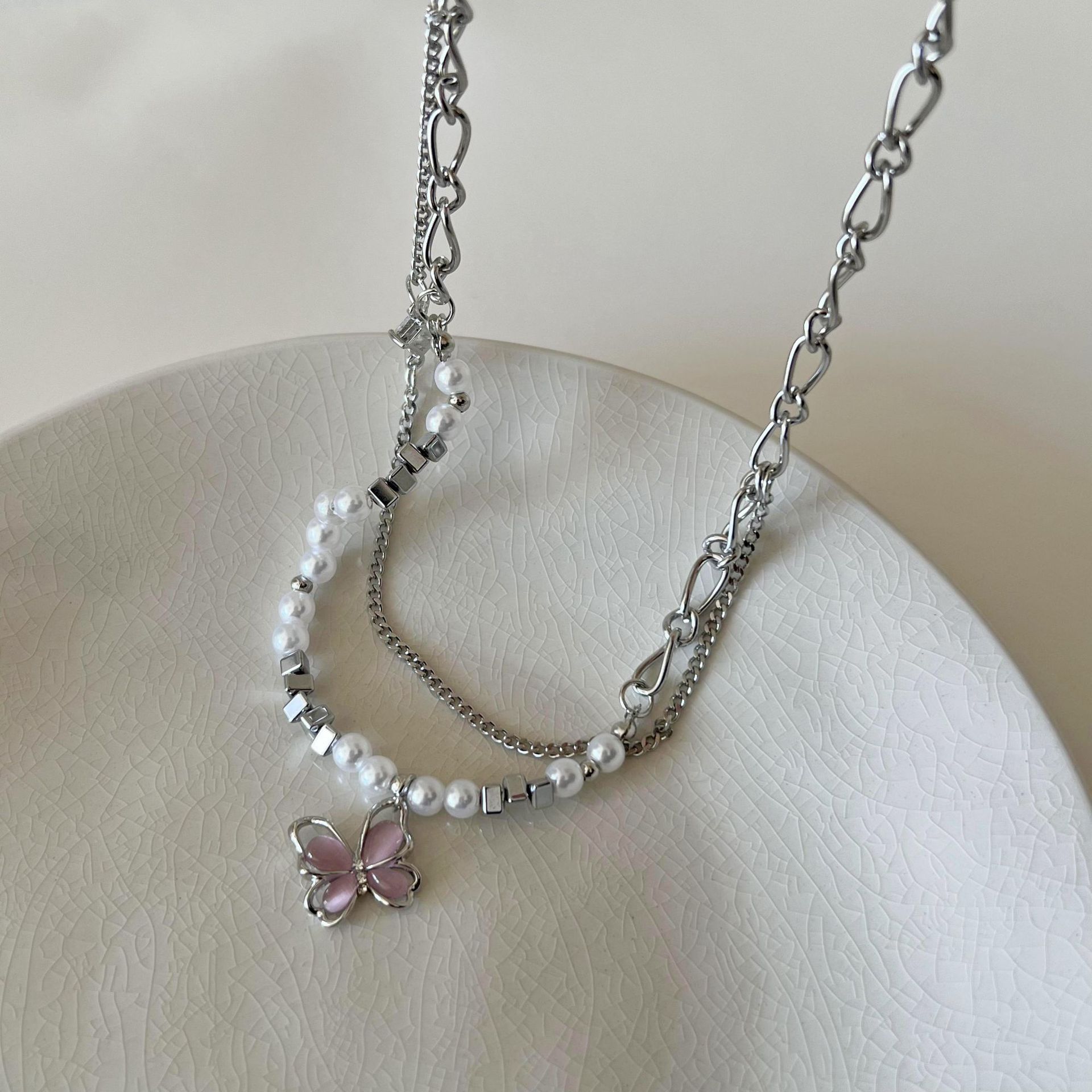 Y2K Sweet and Cool Style ~ Hollow Butterfly double-layer layered necklace for women, titanium steel collarbone chain, light luxury necklace wholesale details Picture