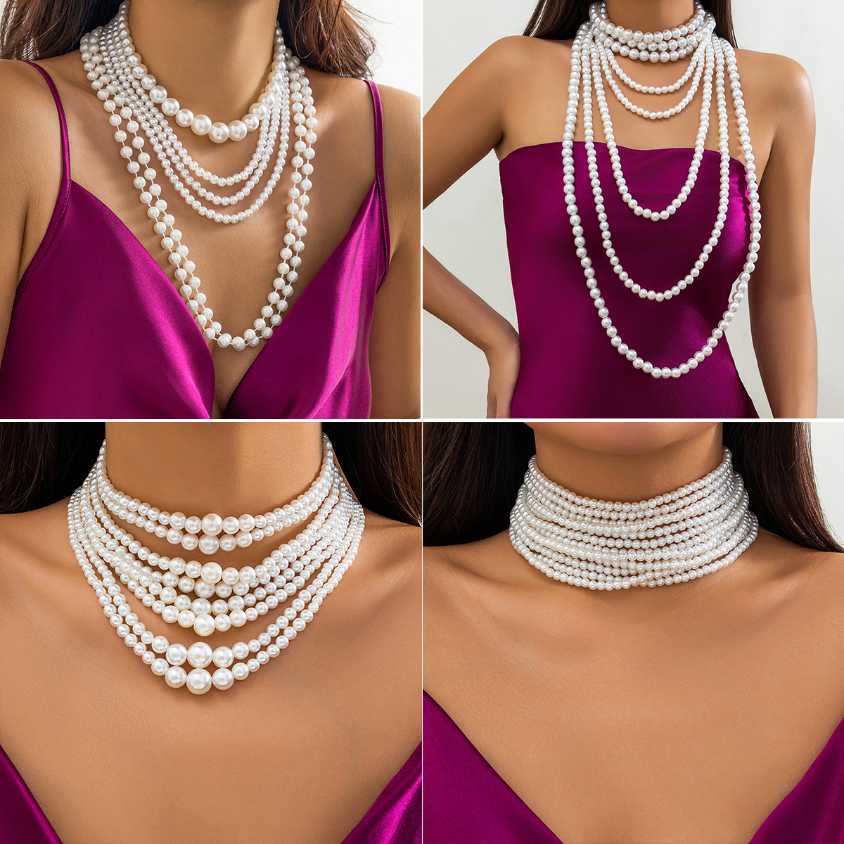 European and American multi-layer imitation pearl women's necklace, elegant Baroque-sized beaded French retro necklace accessory choker full figure