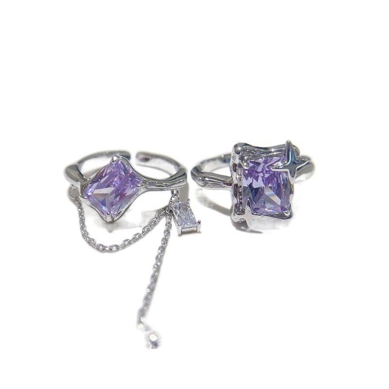 The small square sugar light luxury high-end sweet cool purple diamond zircon tassel open ring for women's ins cold style starlight ring Item Picture